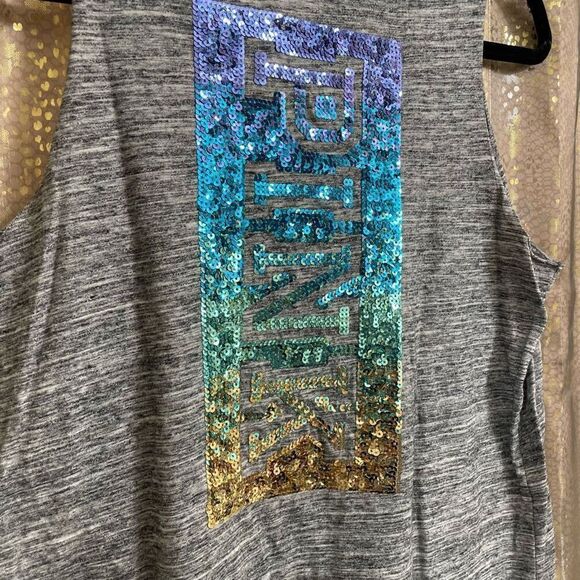 PINK Victorias Secret Gray Sequin Bling Colorful Ombre Tank Top, Small - Picture 3 of 5